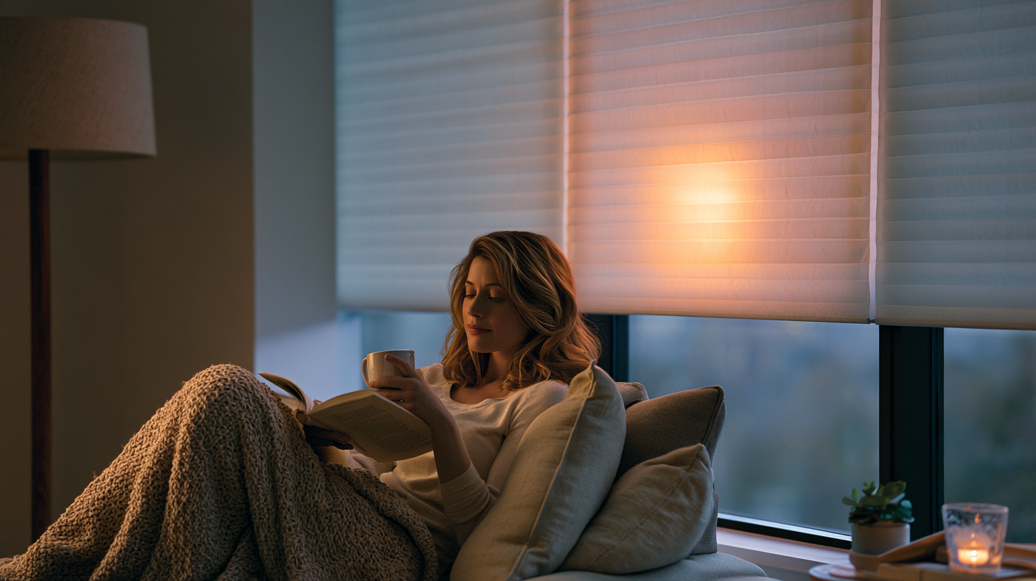 Woman reading by window with acoustic shades